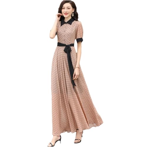 Las Mujeres De Verano De Puntos Vestido De Contraste De Color De Manga Corta Vestido De Gasa Elegante Simplicidad De Vestir Apricot Dot L