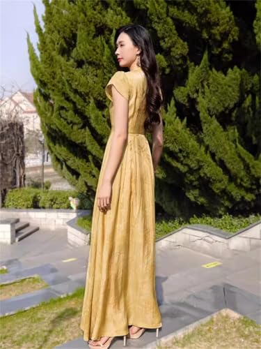 Las Mujeres Tobillo Vestido De Cuello O De Manga Corta De Cintura Delgada Vestido De Vacaciones Elegante Vestido Largo Yellow M
