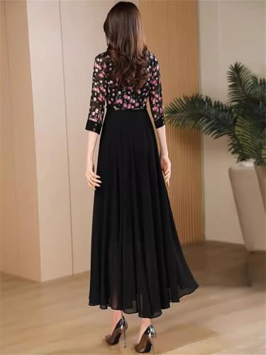 Mujeres Primavera Verano Floral Vestido De Gasa Cuello Camisa Delgado Vestido Largo Elegante Fluye Vestido De Media Pierna Floral S