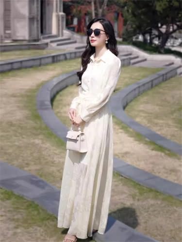 Las Mujeres hasta Los Tobillos Cuello Vuelto De Un Solo Pecho Delgado Vestido De Cintura Larga Elegante Vestido De Camisa Exquisita Picture Color L