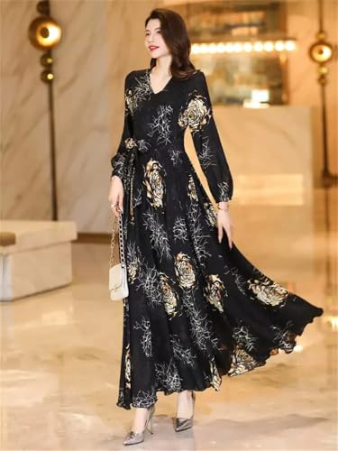 Las Mujeres De Primavera Verano De Impresión Vestido Largo Cuello En V Manga Larga Vestido Delgado Elegante Fluye Vestido Largo Black L