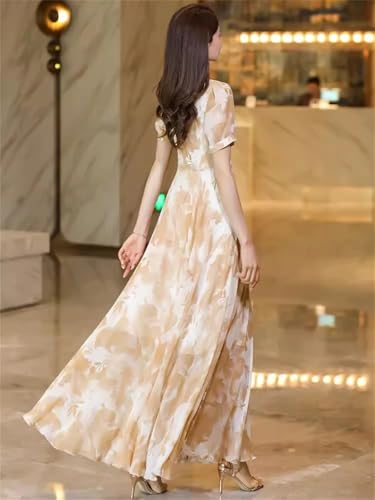 Las Mujeres De Verano De Impresión con Cuello En V De Manga Corta De Cintura Delgada Vestido Largo Elegante Que Fluye Vestido hasta El Tobillo Print L