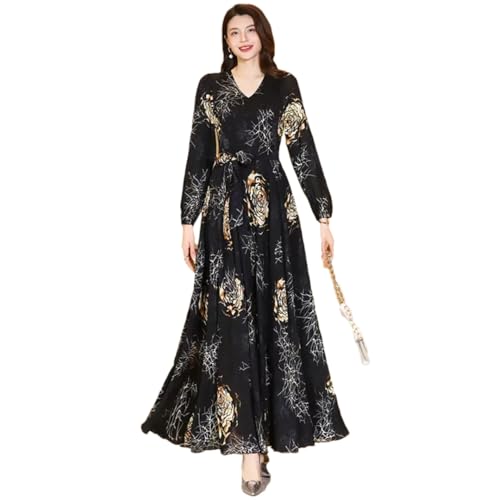 Las Mujeres De Primavera Verano De Impresión Vestido Largo Cuello En V Manga Larga Vestido Delgado Elegante Fluye Vestido Largo Black L
