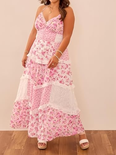 Women Floral Maxi Dress Patchwork Maxi Floral Dress Spaghetti Straps Boho Sundress Tiered Long Dresses (Pink,S)
