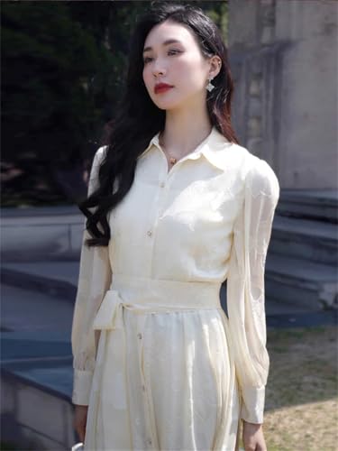 Las Mujeres hasta Los Tobillos Cuello Vuelto De Un Solo Pecho Delgado Vestido De Cintura Larga Elegante Vestido De Camisa Exquisita Picture Color L