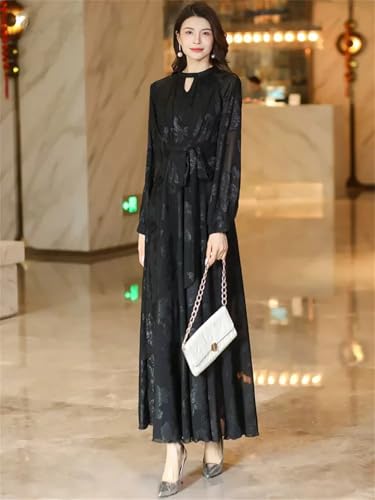 Las Mujeres Jacquard Vestido Largo Hueco A Cabo O-Cuello De Manga Larga Delgado Elegante Vestido Negro Que Fluye Black M