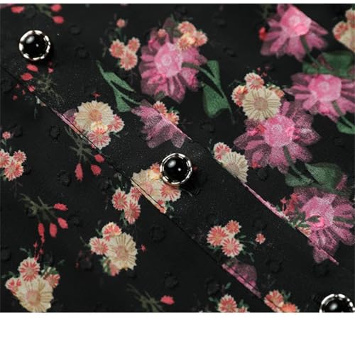 Mujeres Primavera Verano Floral Vestido De Gasa Cuello Camisa Delgado Vestido Largo Elegante Fluye Vestido De Media Pierna Floral S