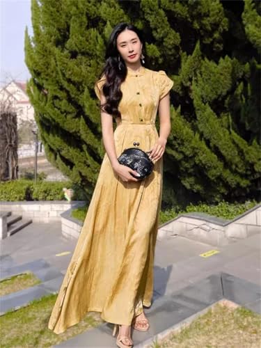 Las Mujeres Tobillo Vestido De Cuello O De Manga Corta De Cintura Delgada Vestido De Vacaciones Elegante Vestido Largo Yellow M