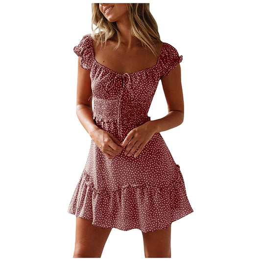 Womens Summer Dress Sundress Neckline Sleeve Print Pleated Sexy Dress Casual Boho Sundress Elegant Cocktail Mini Dress C-03