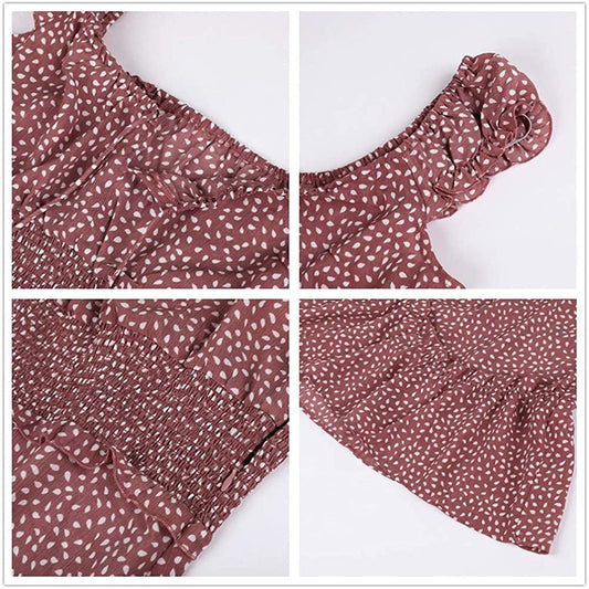Womens Summer Dress Sundress Neckline Sleeve Print Pleated Sexy Dress Casual Boho Sundress Elegant Cocktail Mini Dress C-03